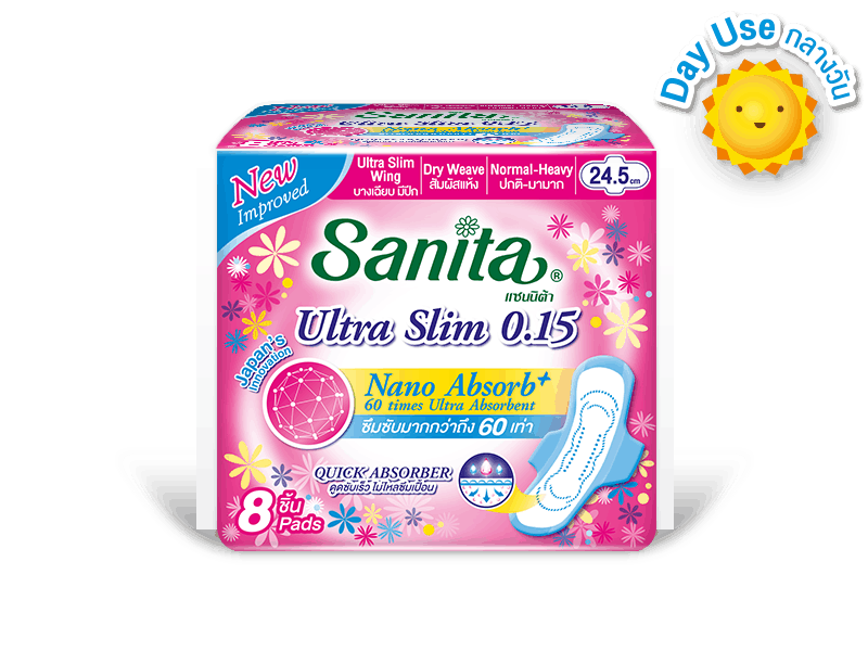 sanita แซนนิต้า sanitary pads ผ้าอนามัย day Dry Weave Ultra Slim 0.15 Wing 24.5cm 8ps