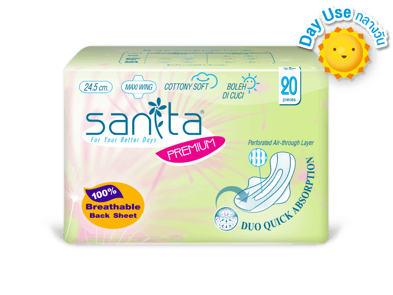 sanita แซนนิต้า sanitary pads ผ้าอนามัย Premium Cottony Soft Maxi Wing 24.5cm 20ps