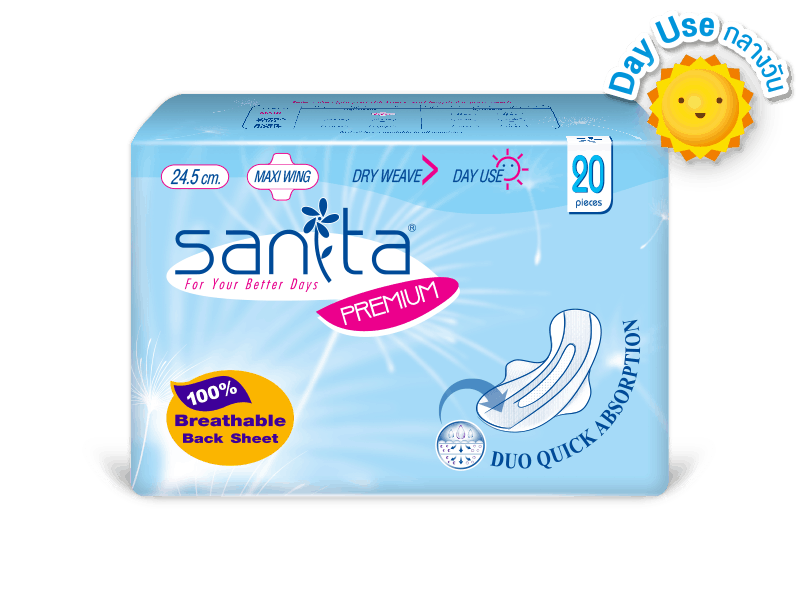 sanita แซนนิต้า sanitary pads ผ้าอนามัย Premium Dry Weave Maxi Wing 24.5cm 20ps