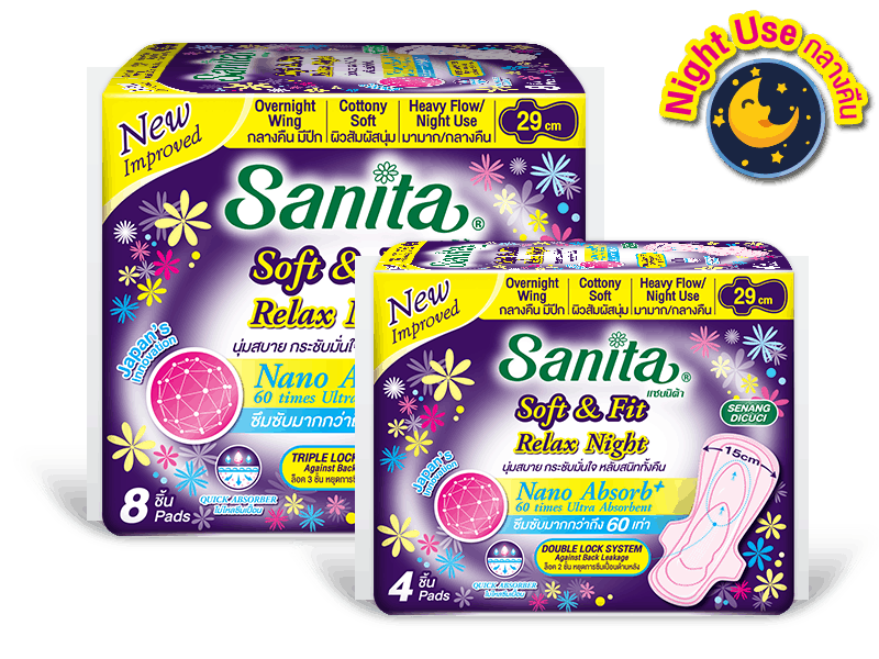 night-01_Soft&Fit-RelaxNight-29cm-4-8ps_01 sanita แซนนิต้า sanitary pads ผ้าอนามัย night Soft&Fit Relax Night 29cm 4-8ps