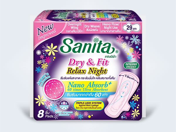 sanita แซนนิต้า sanitary pads ผ้าอนามัย night Dry&Fit Relax Night 29cm 8ps